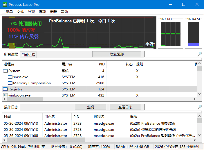 Process Lasso v18.3.0.34 多语便携版界面