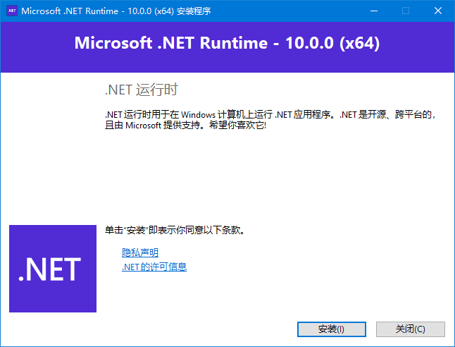 Microsoft .NET 10 运行时界面
